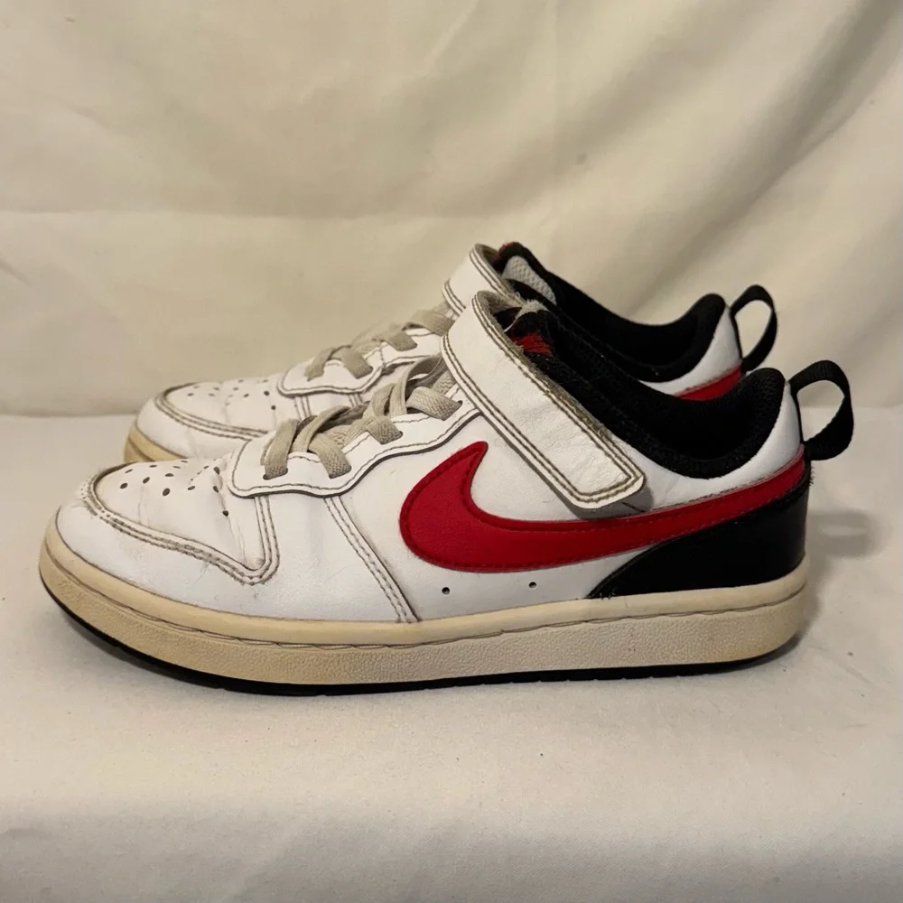 Size 13K - Nike Court Borough 2 Low White Black Red- Youth Sneakers- Hook & Loop